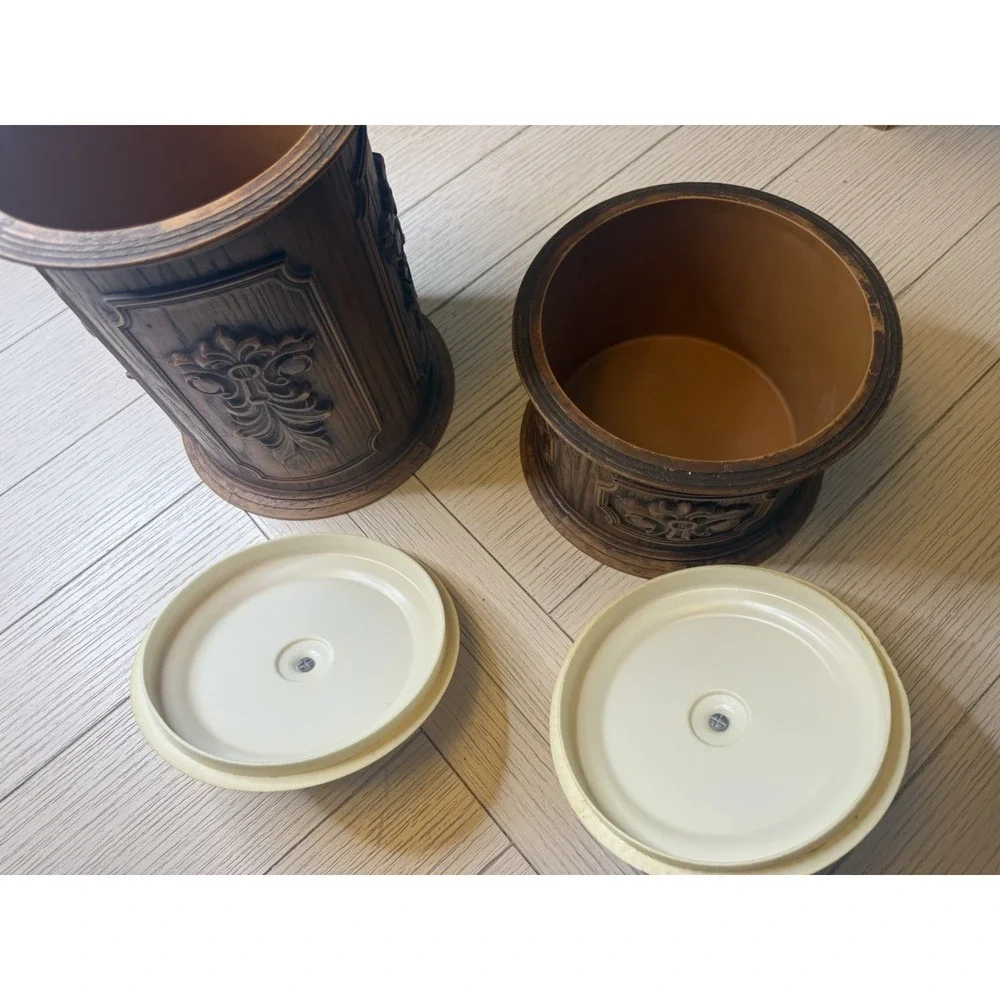 Set Of 2 VIntage Vistron Faux Wood Molded Plastic Canisters with Lids. Mushrooms